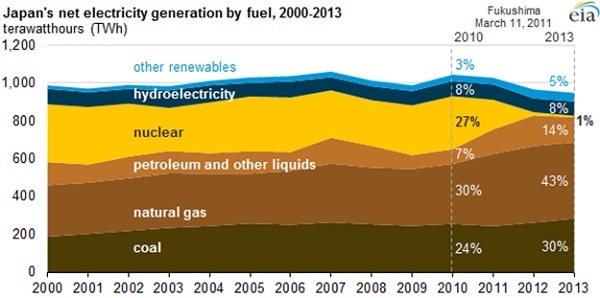 Japan net electricity generation by fuel