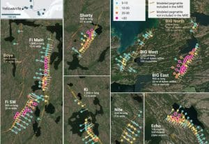 8 of 13 resource pegmatites dykes with 2024 drilling plotted